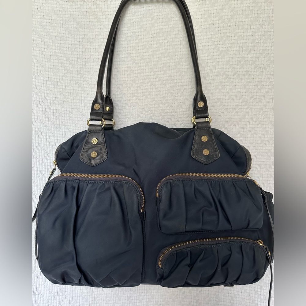MZ Wallace Large Navy Nylon Shoulder Bag Leather Trim OS